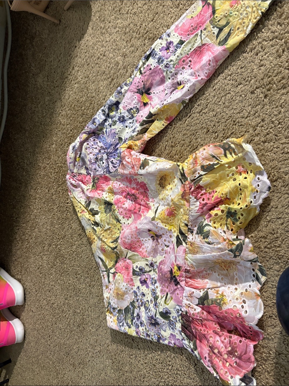 Express Floral Eyelet Peplum Top – White, Pink, Yellow, Purple
